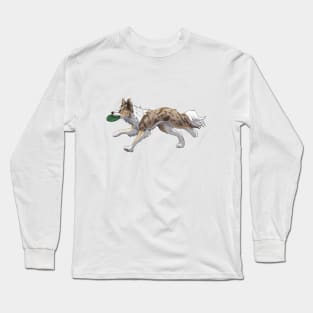 Running Tricolor Brown Lilac Merle Border Collie with Frisbee Long Sleeve T-Shirt